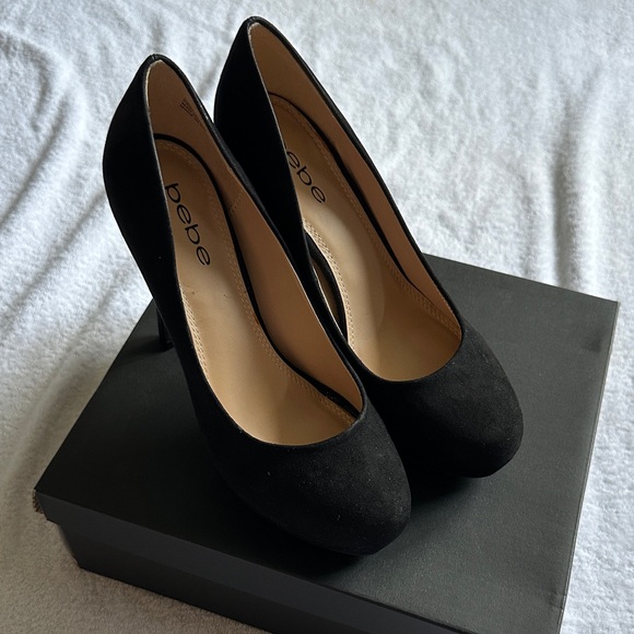 bebe Shoes - Bebe Amia Black Suede-Like 5” Heels Size 7.5